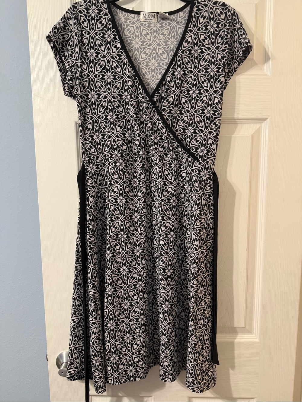 MKM Designs Black & White Faux-Wrap Midi Dress